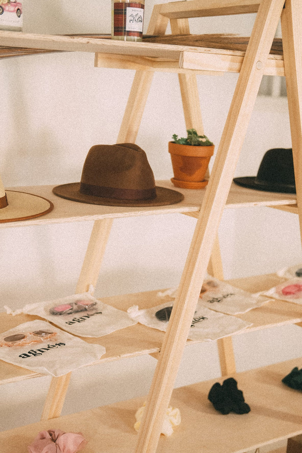 Close-up of the wooden shelving frame beside hats, a potted plant and packaged accessories on the middle shelves.