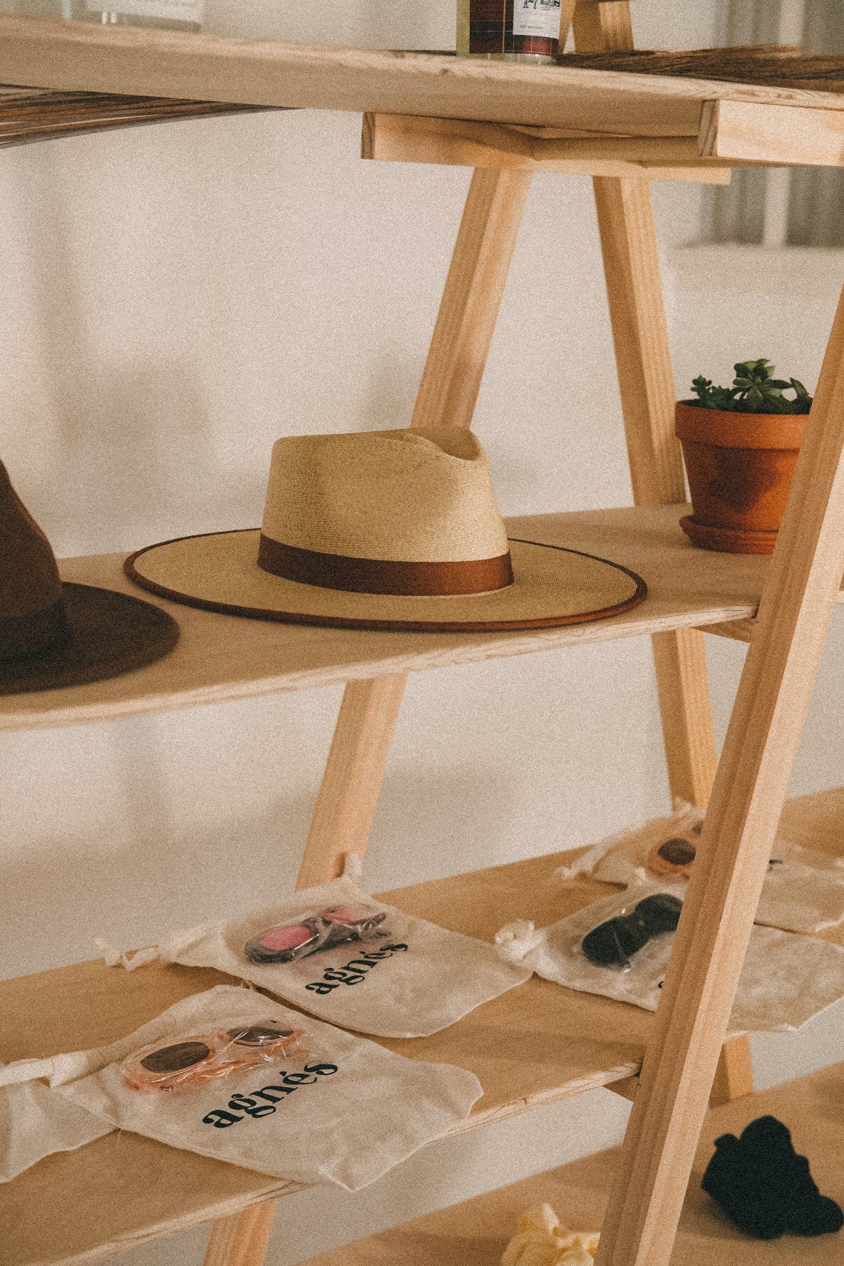 Close-up of a straw hat and potted plant on a wooden shelf, with packaged accessories on the shelf below.
